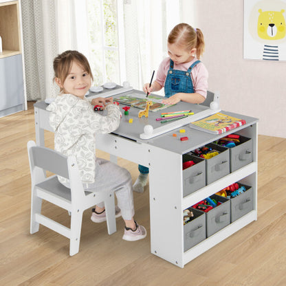 2-in-1 Kids Wooden Art Table and Art Easel Set with Chairs Storage Bins Paper Roll-Gray