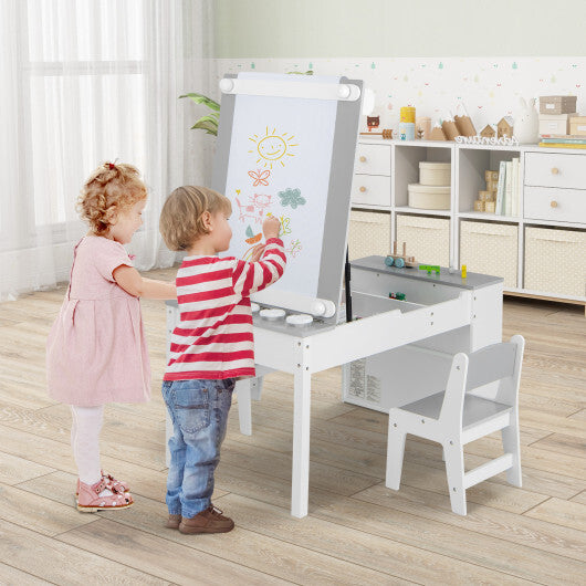 2-in-1 Kids Wooden Art Table and Art Easel Set with Chairs Storage Bins Paper Roll-Gray