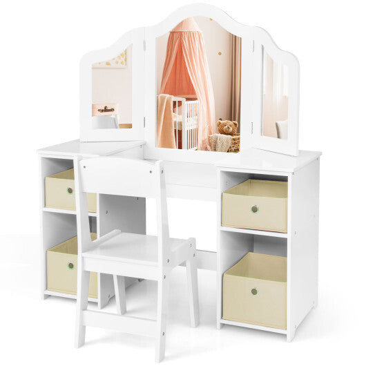 Kids Vanity Table and Chair Set with Removable Mirrors and 4 Storage Bins-White - Color: White