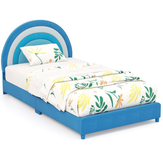 Twin Bed Frame with Height-Adjustable Headboard and Sturdy Wooden Slats-Blue - Color: Blue