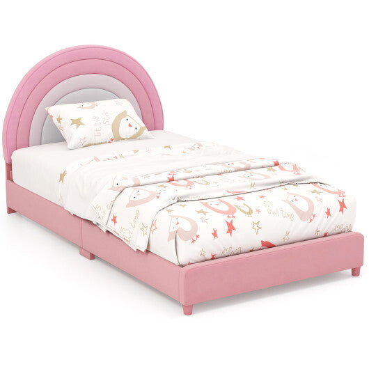 Twin Bed Frame with Height-Adjustable Headboard and Sturdy Wooden Slats-White & Pink - Color: White & Pink