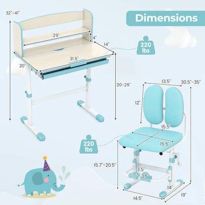 Kids Desk and Chair Set with Adjustable Height and Tilted Desktop-Blue