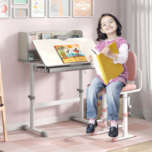 Height Adjustable Kids Study Desk with Tilt Desktop-Blue