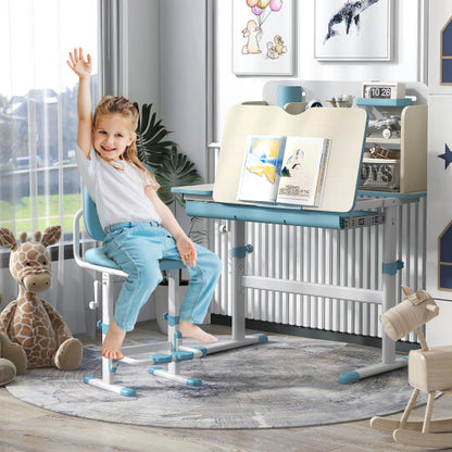 Height Adjustable Kids Study Desk with Tilt Desktop for 3-12 Years Old-Blue - Color: Blue