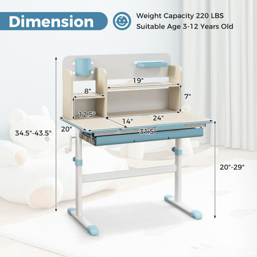 Height Adjustable Kids Study Desk with Tilt Desktop for 3-12 Years Old-Blue - Color: Blue