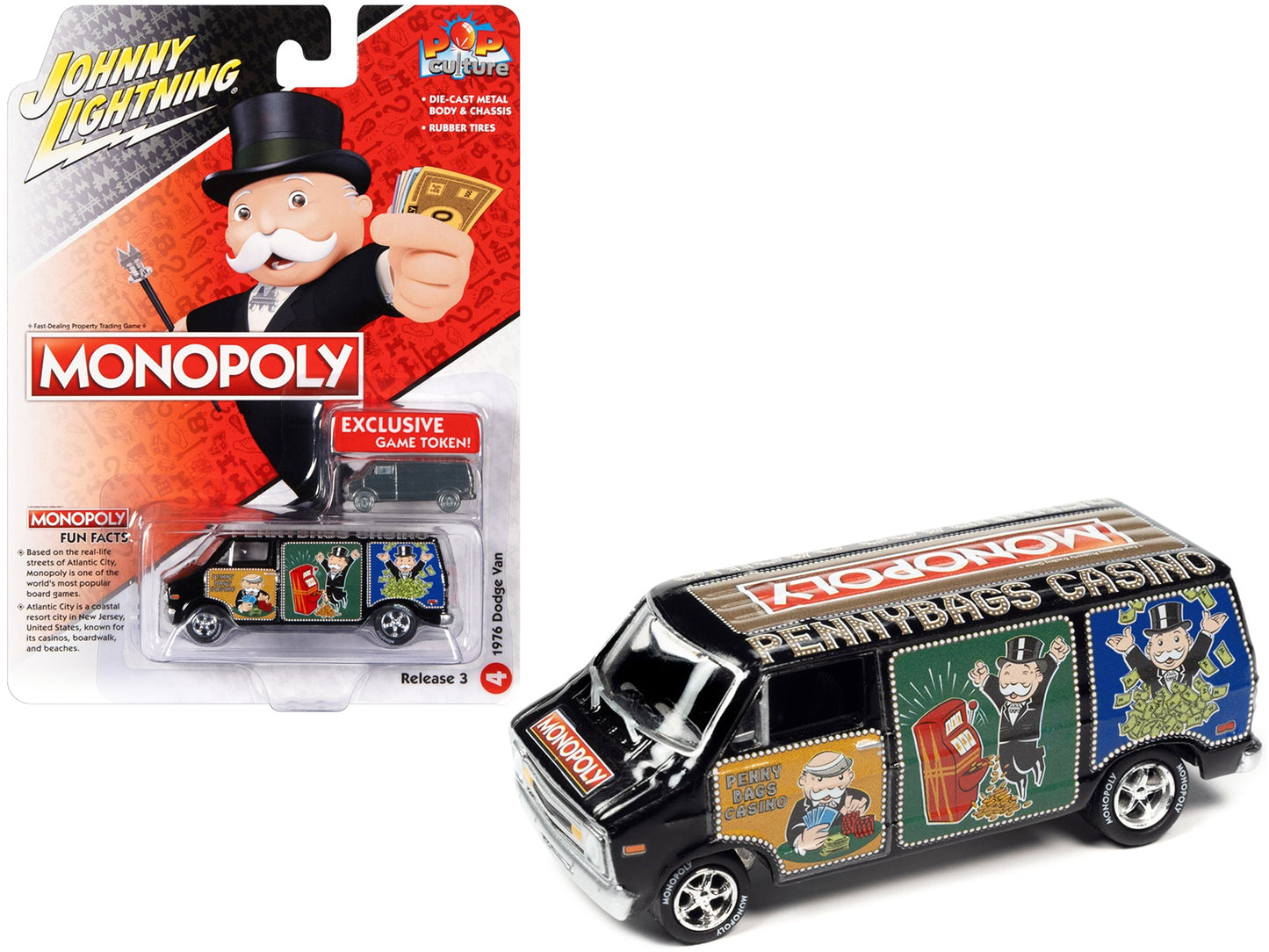 1976 Dodge Van Black "Pennybags Casino - Monopoly" with Dodge Van Monopoly Game Token "Pop Culture" 2022 Release 3 1/64 Diecast Model Car by Johnny Lightning