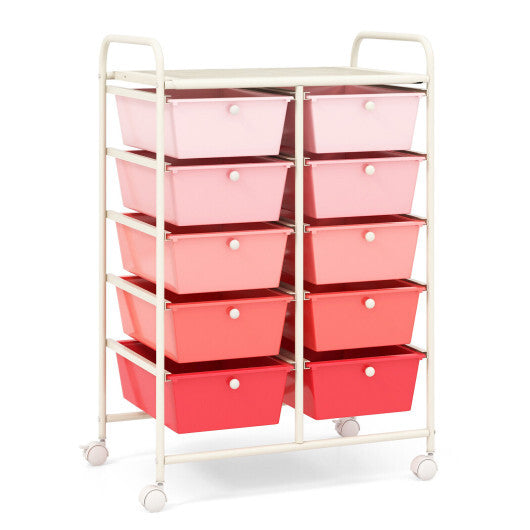 10-Drawer Rolling Storage Cart-Pink - Color: Pink