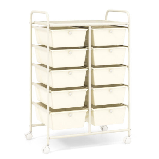 10-Drawer Rolling Storage Cart-White - Color: White