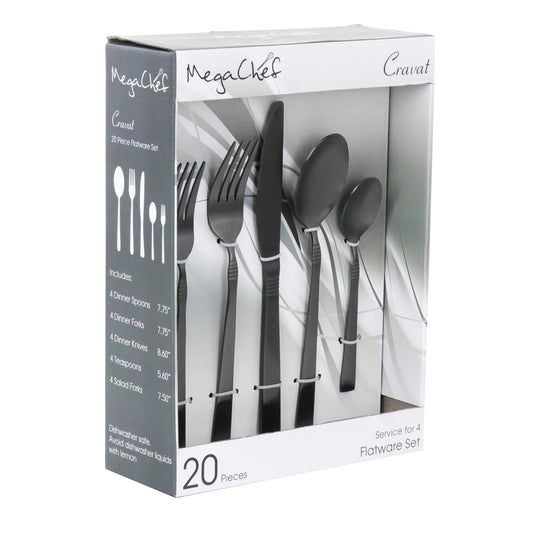 MegaChef Cravat 20 Piece Flatware Utensil Set, Stainless Steel Silverware Metal Service for 4 in Matte Black