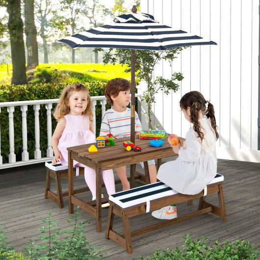 Kids Picnic Table and Bench Set with Cushions and Height Adjustable Umbrella-Blue - Color: Blue