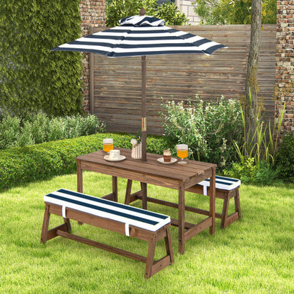 Kids Picnic Table and Bench Set with Cushions and Height Adjustable Umbrella-Blue - Color: Blue