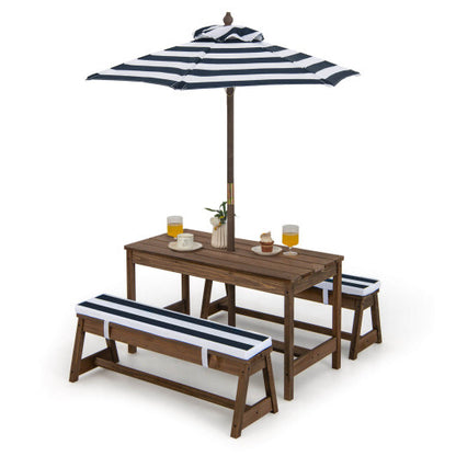 Kids Picnic Table and Bench Set with Cushions and Height Adjustable Umbrella-Blue - Color: Blue