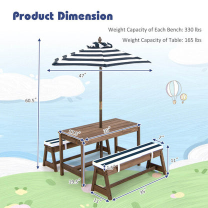 Kids Picnic Table and Bench Set with Cushions and Height Adjustable Umbrella-Blue - Color: Blue