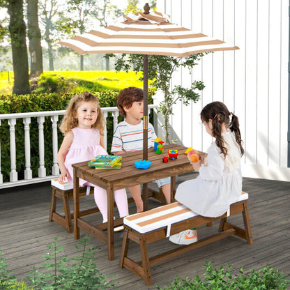 Kids Picnic Table and Bench Set with Cushions and Height Adjustable Umbrella-Blue