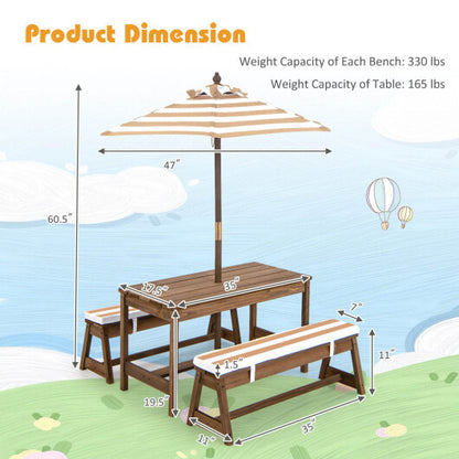 Kids Picnic Table and Bench Set with Cushions and Height Adjustable Umbrella-Blue