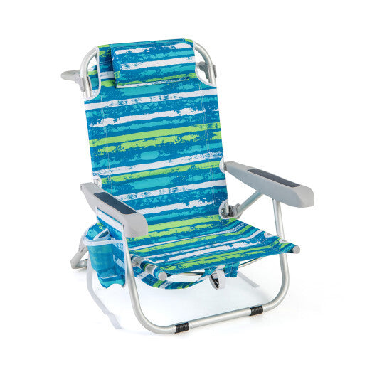 1 Piece Foldable Backpack Beach Chair with Cup Holder and Storage Pockets for Outdoor-Blue and Green - Color: Blue & Green