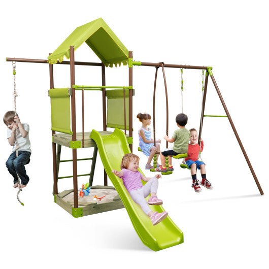 7-in-1 Kids Outdoor Metal Playset with Wave Slide and Climbing Rope-Green