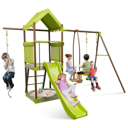 7-in-1 Kids Outdoor Metal Playset with Wave Slide and Climbing Rope-Green - Color: Green