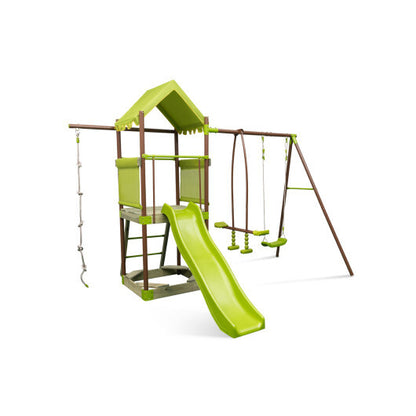 7-in-1 Kids Outdoor Metal Playset with Wave Slide and Climbing Rope-Green - Color: Green