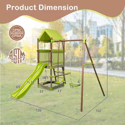 7-in-1 Kids Outdoor Metal Playset with Wave Slide and Climbing Rope-Green - Color: Green