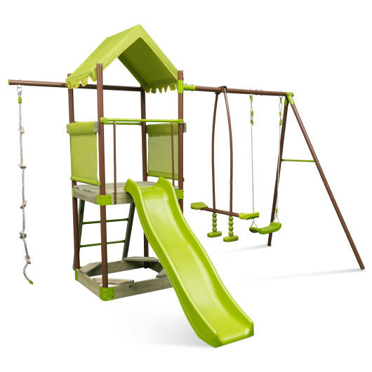 7-in-1 Kids Outdoor Metal Playset with Wave Slide and Climbing Rope-Green - Color: Green