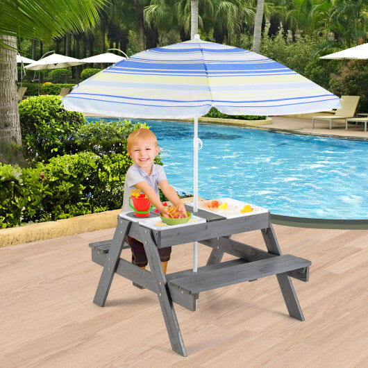 Kids Picnic Table Set with 3 Removable Bins-Gray