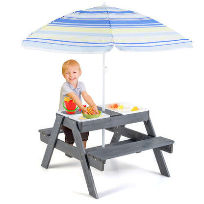 Kids Picnic Table Set with 3 Removable Bins-Gray