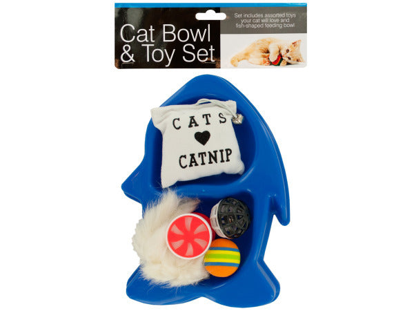 Fish-Shaped Cat Bowl & Toy Set ( Case of 12 )