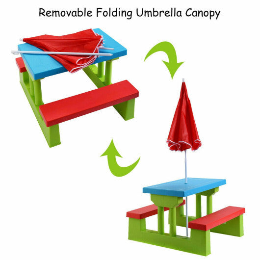 Kids Picnic Folding Table and Bench with Umbrella - Color: Green