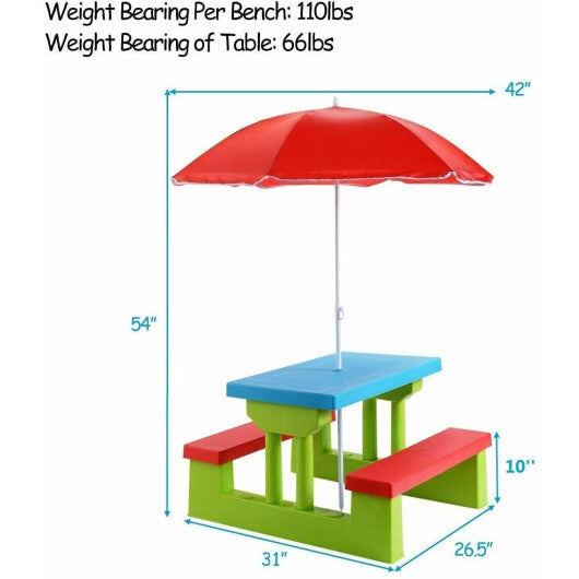 Kids Picnic Folding Table and Bench with Umbrella - Color: Green