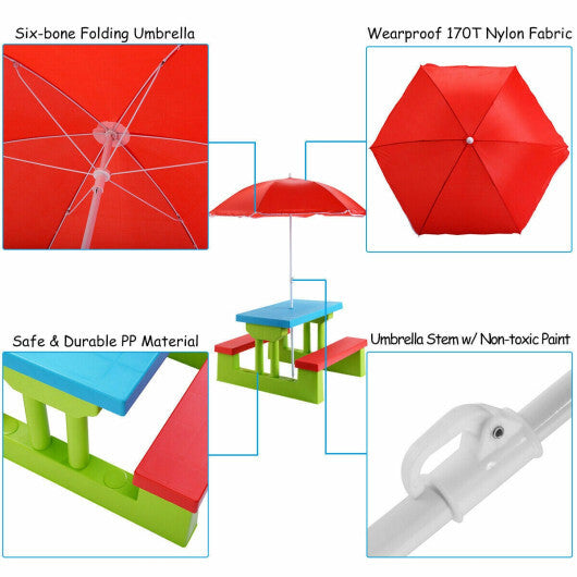 Kids Picnic Folding Table and Bench with Umbrella - Color: Green