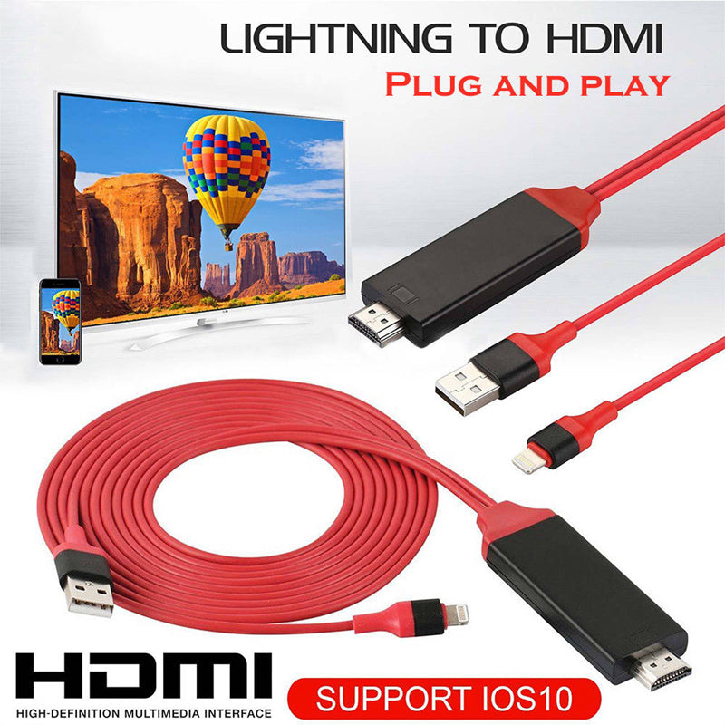 1080P 6ft 8 Pin Apple Interface to HDMI TV AV Adapter Cable for iPhone 6 6S 7 8 Plus X red