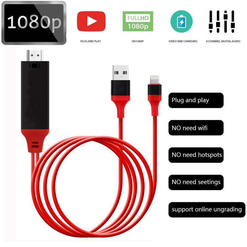 1080P 6ft 8 Pin Apple Interface to HDMI TV AV Adapter Cable for iPhone 6 6S 7 8 Plus X red