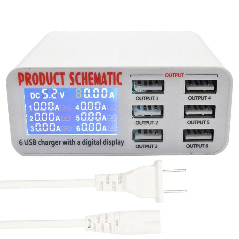 6 Ports USB Charger Travel Charger LCD Digital Display Smart Charging Station Multi-Port USB Charging Plug UK plug