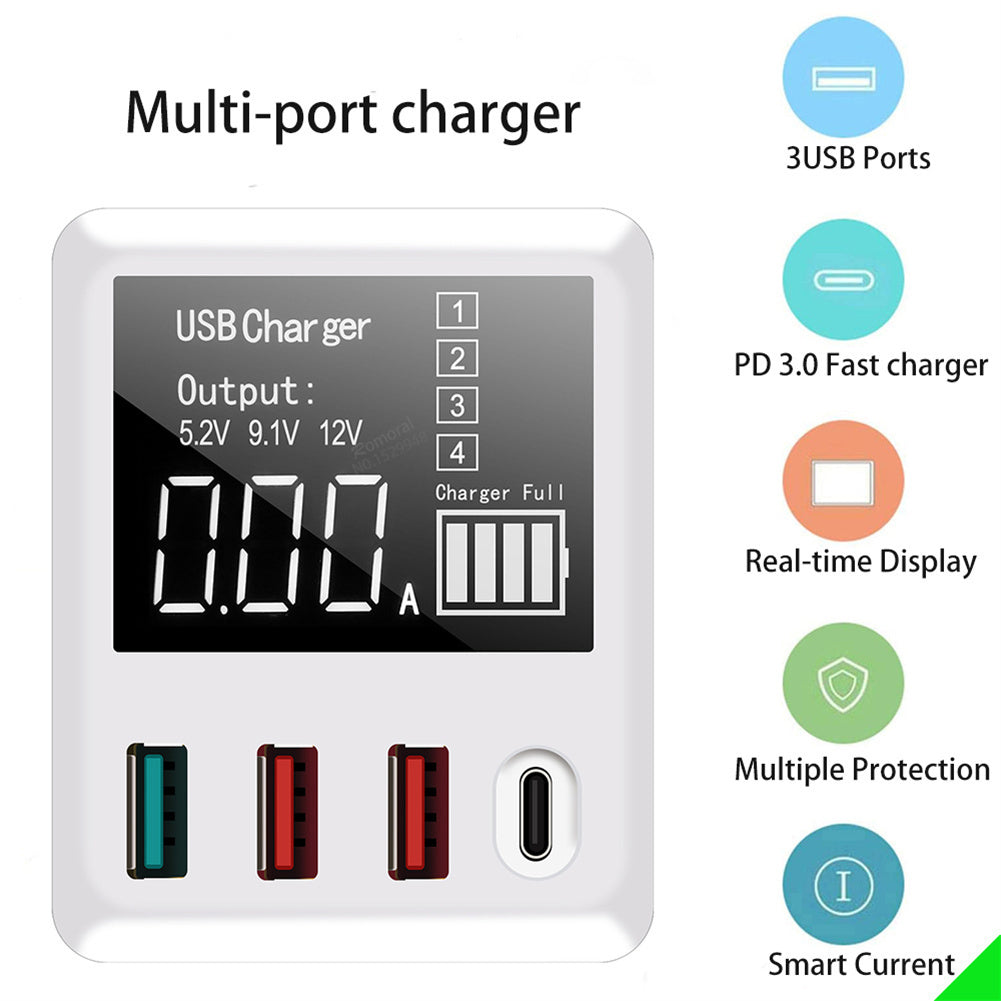 Portable Qc3.0 4 Ports Usb  Charger Multi-port Charger 40w Fast Charging Compact Design Mobile Phone Adapter With Led Display UK plug