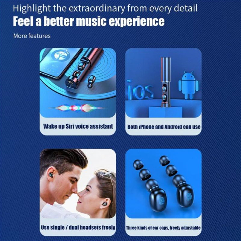 Tws 5.0 Bluetooth-compatible Headset Binaural Touch-control Digital Display With Flashlight Outdoor Sports Wireless Headphones black