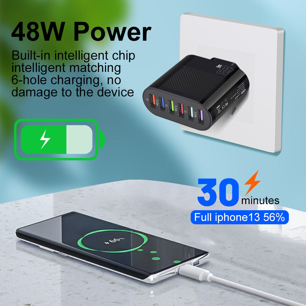 USB Wall Charger 48W 6-Port Fast Charging Block Adapter Plug Compatible For IPhone Android Tablet PC Mobile Phone white EU Plug