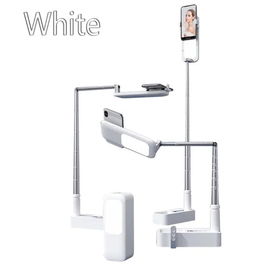 V6 Phone Holder with Wireless Dimmable Selfie Fill Light Lamp Retractable Cell Phone Stand White