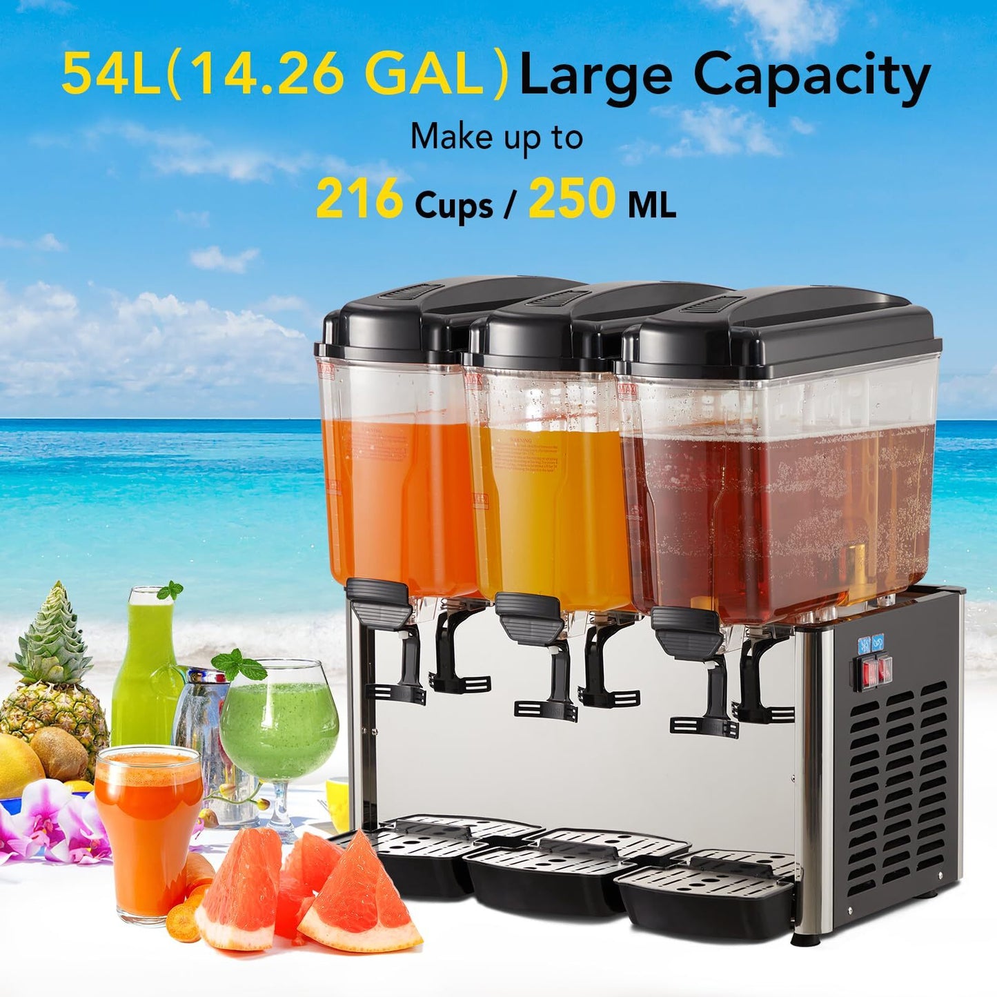US GARVEE 54L Commercial Cold Beverage Dispenser 350W Stainless Steel Ice Tea Drink Dispenser Black