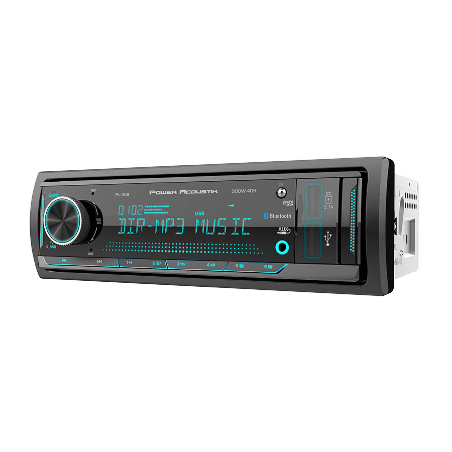 Power Acoustik Fixed Face Mechless Single DIN Media Receiver with Bluetooth Dual USB & Remote