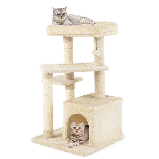 Multi-layer Cat Tree with Perch and Hanging Ball-Beige - Color: Beige
