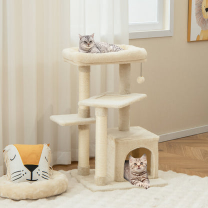 Multi-layer Cat Tree with Perch and Hanging Ball-Beige - Color: Beige