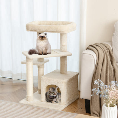 Multi-layer Cat Tree with Perch and Hanging Ball-Beige - Color: Beige