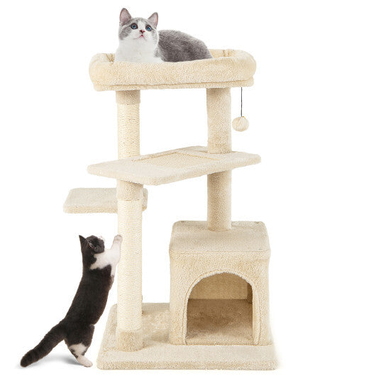 Multi-layer Cat Tree with Perch and Hanging Ball-Beige - Color: Beige