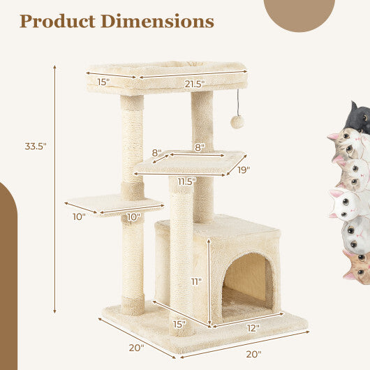 Multi-layer Cat Tree with Perch and Hanging Ball-Beige - Color: Beige