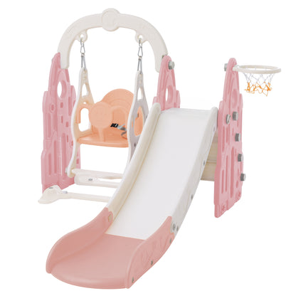 US 4 In 1 Toddler Slide Swing Set Freestanding Slide Climber Playset With Basketball Hoop Indoor Outdoor Playground Equipment For Kids Gifts Pink+White