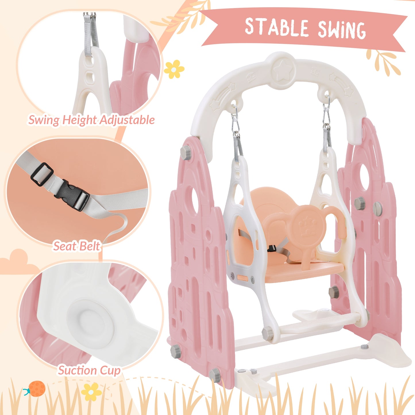 US 4 In 1 Toddler Slide Swing Set Freestanding Slide Climber Playset With Basketball Hoop Indoor Outdoor Playground Equipment For Kids Gifts Pink+White