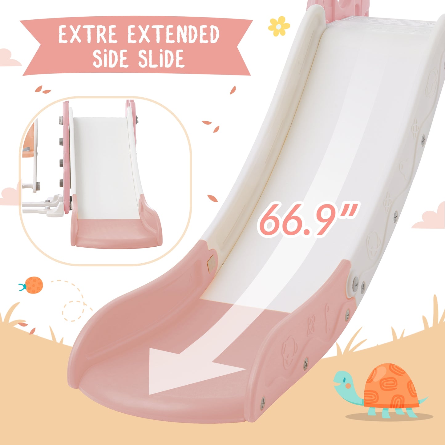 US 4 In 1 Toddler Slide Swing Set Freestanding Slide Climber Playset With Basketball Hoop Indoor Outdoor Playground Equipment For Kids Gifts Pink+White