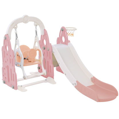 US 4 In 1 Toddler Slide Swing Set Freestanding Slide Climber Playset With Basketball Hoop Indoor Outdoor Playground Equipment For Kids Gifts Pink+White