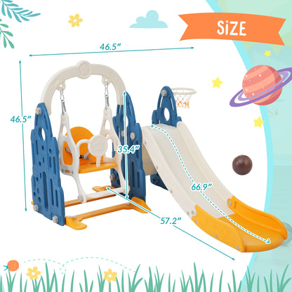 US 4 In 1 Toddler Slide Swing Set Freestanding Slide Climber Playset With Basketball Hoop Indoor Outdoor Playground Equipment For Kids Gifts blue